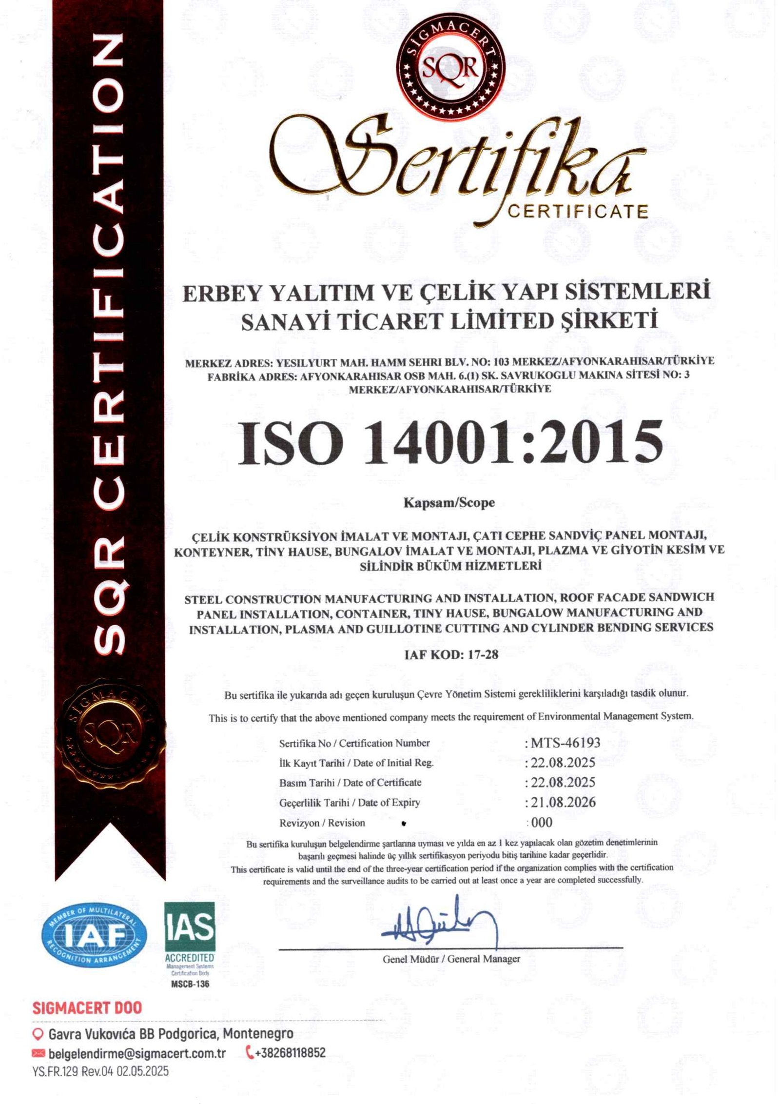 ISO 14001 Sertifikası