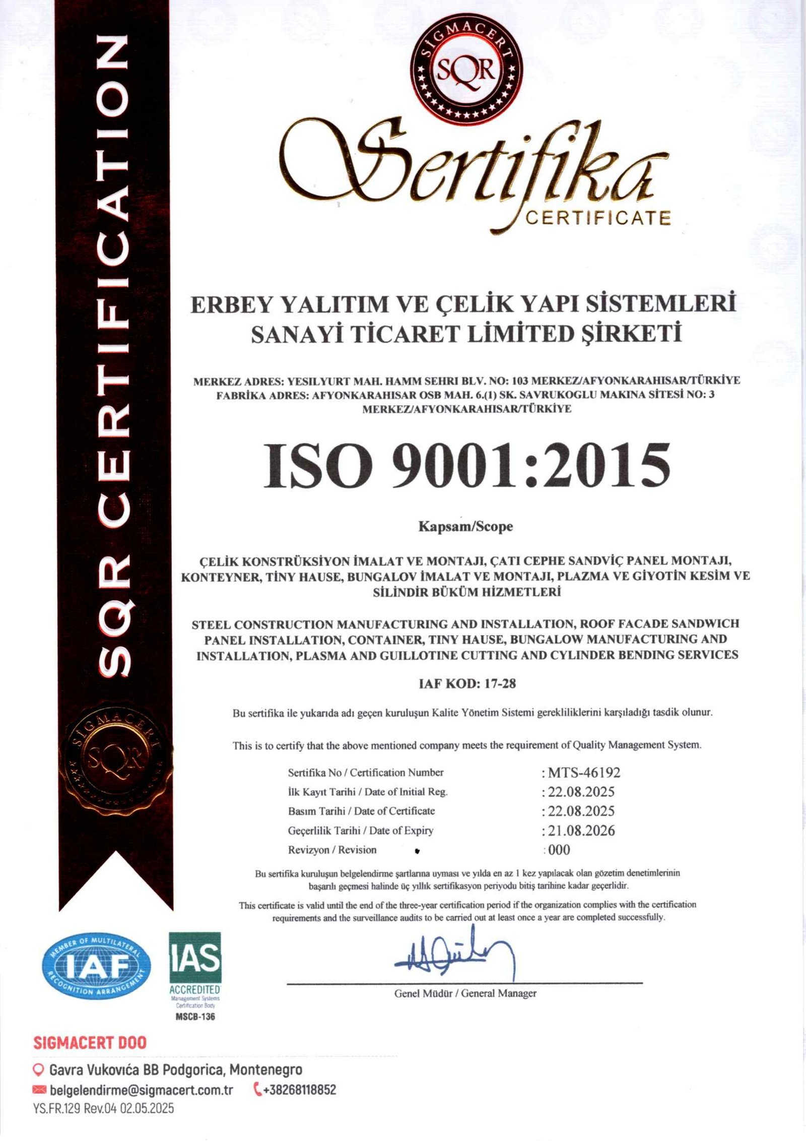 ISO 9001 Sertifikası