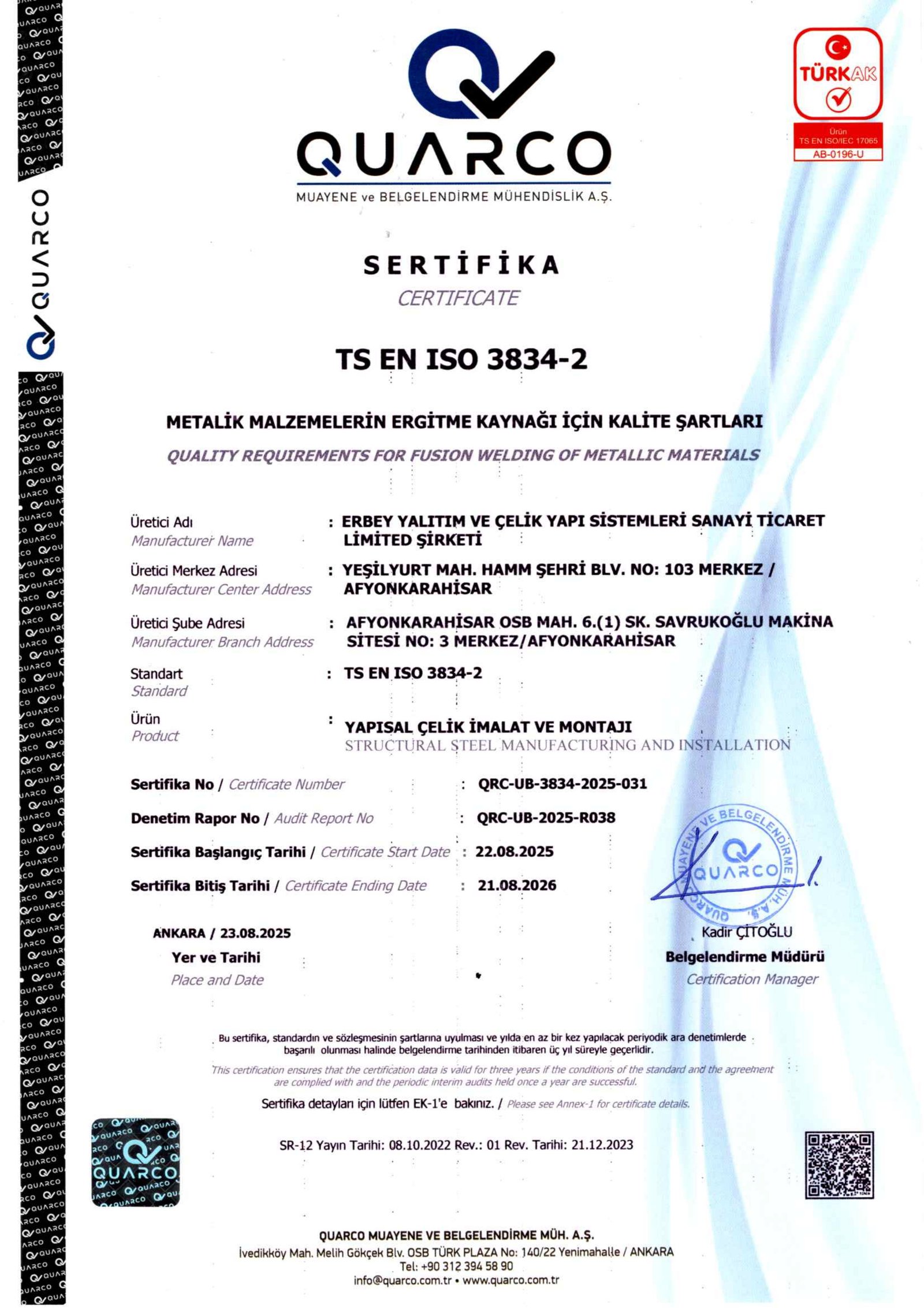 TS EN ISO 3834-2 Sertifikası